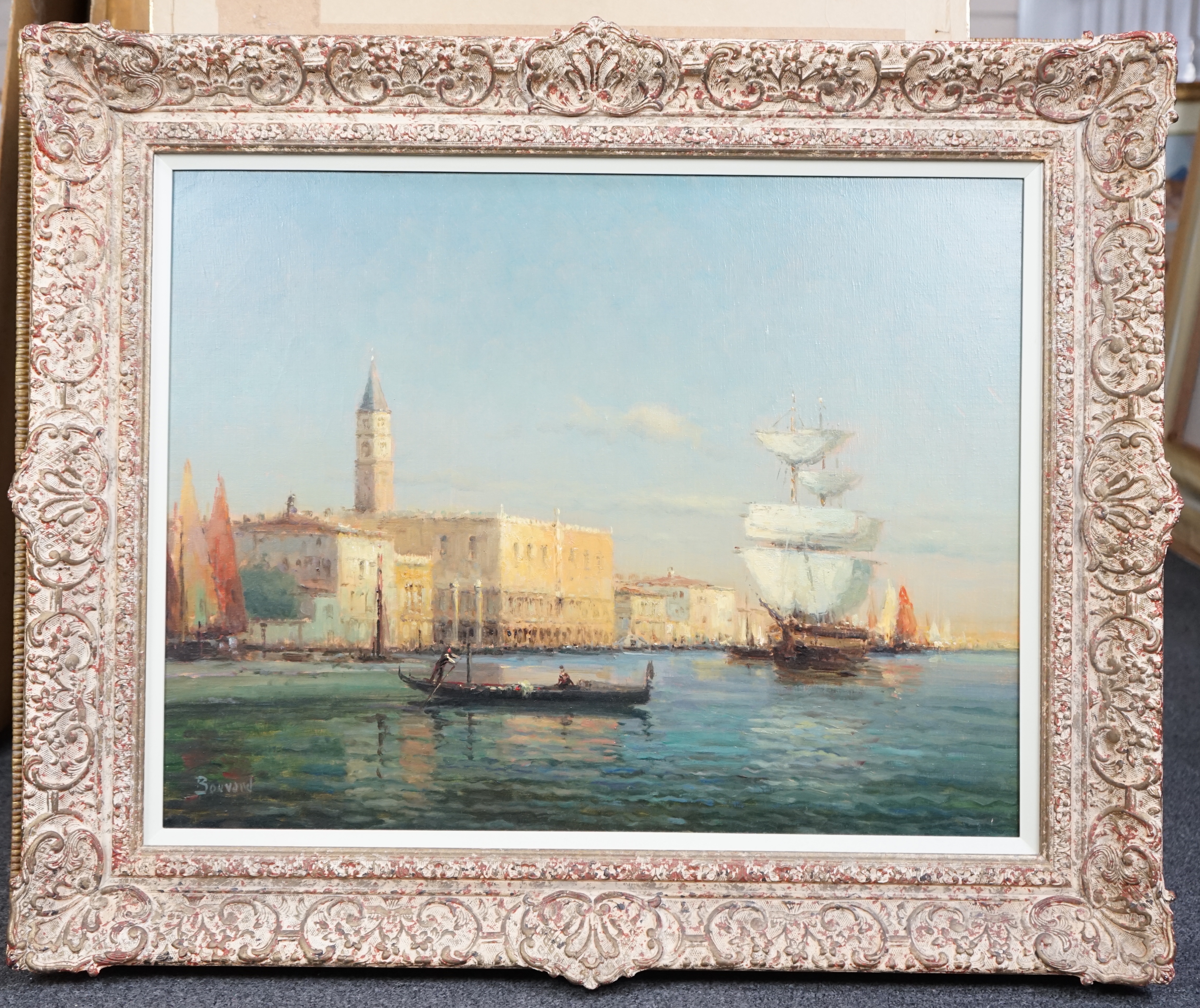 Noel Georges Bouvard (French, 1912-1975), Gondola and sailing ship off the Doges Palace, Venice, oil on canvas, 49 x 64cm